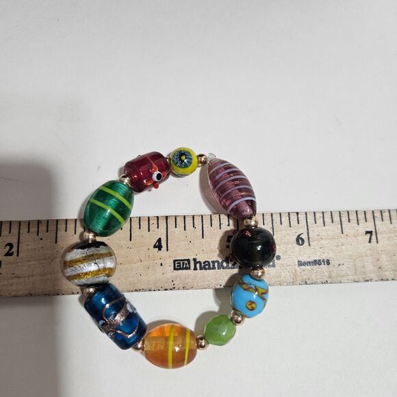 Large Glass Bead Bracelet 12mm+ Art Glass on stretch band Heavy Chunky Colorful - Picture 2 of 3